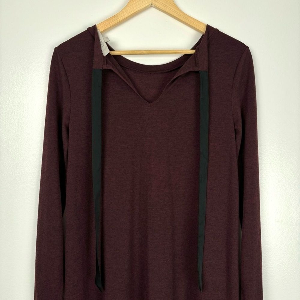 LOFT Tunic Shirtdress Womens S Maroon Burgundy Jersey Knit Tie Neck Office - Picture 7 of 12